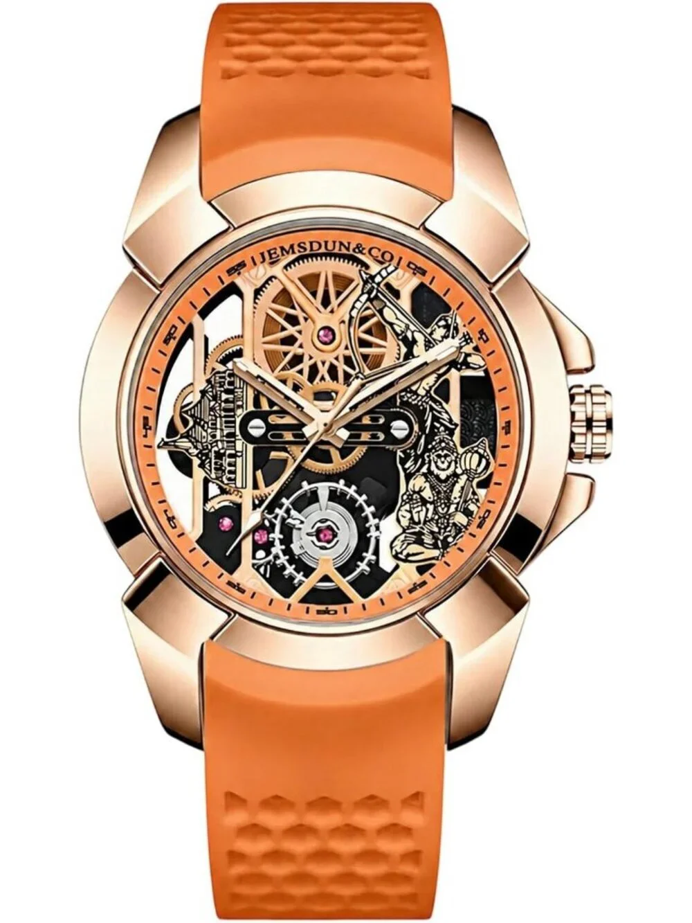 Men's Orange Skeleton Luminous Quartz Silicone Strap Round Hollow Dial Watch